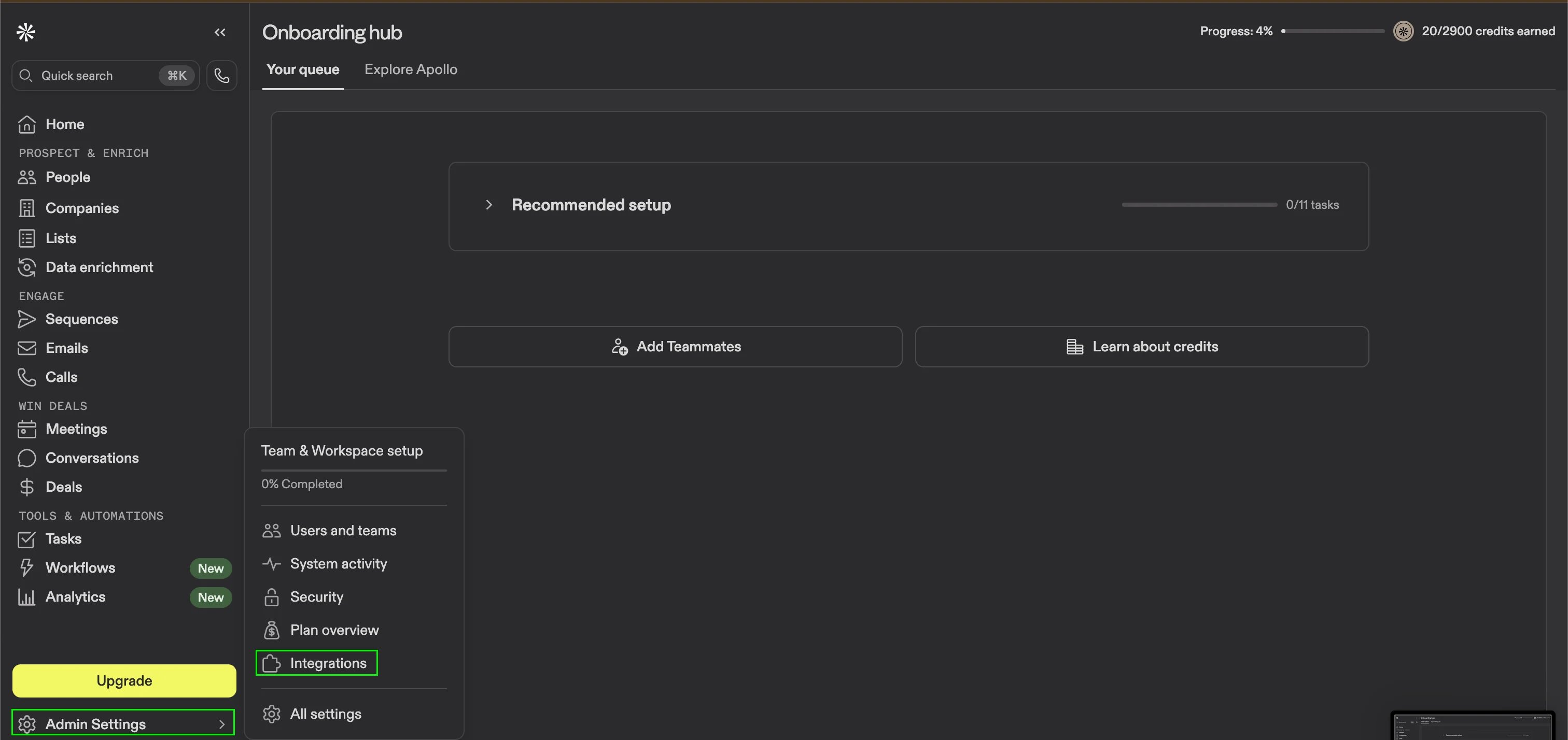 Apollo's left sidebar with Admin Settings selected and the Team & Workspace setup flyout open, showing the Integrations entry
