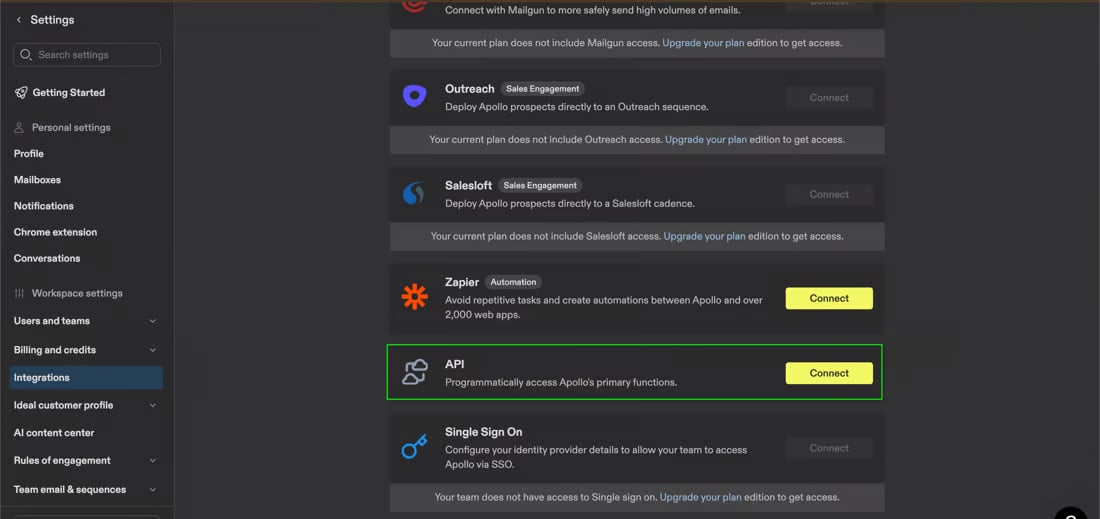 Apollo's Settings Integrations list with the API row and its Connect button