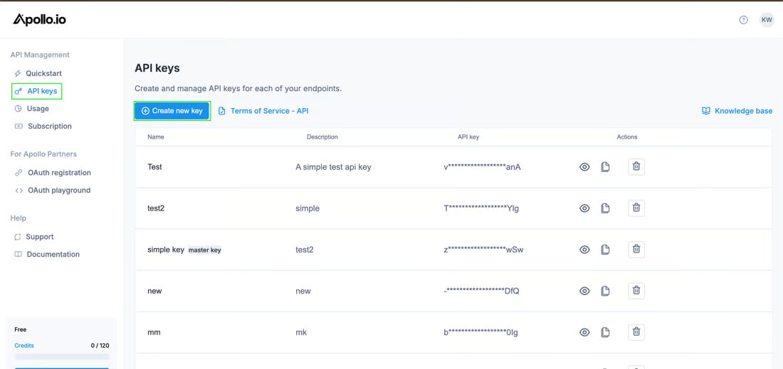 Apollo's API keys page listing existing keys, with the API keys nav item and the Create new key button