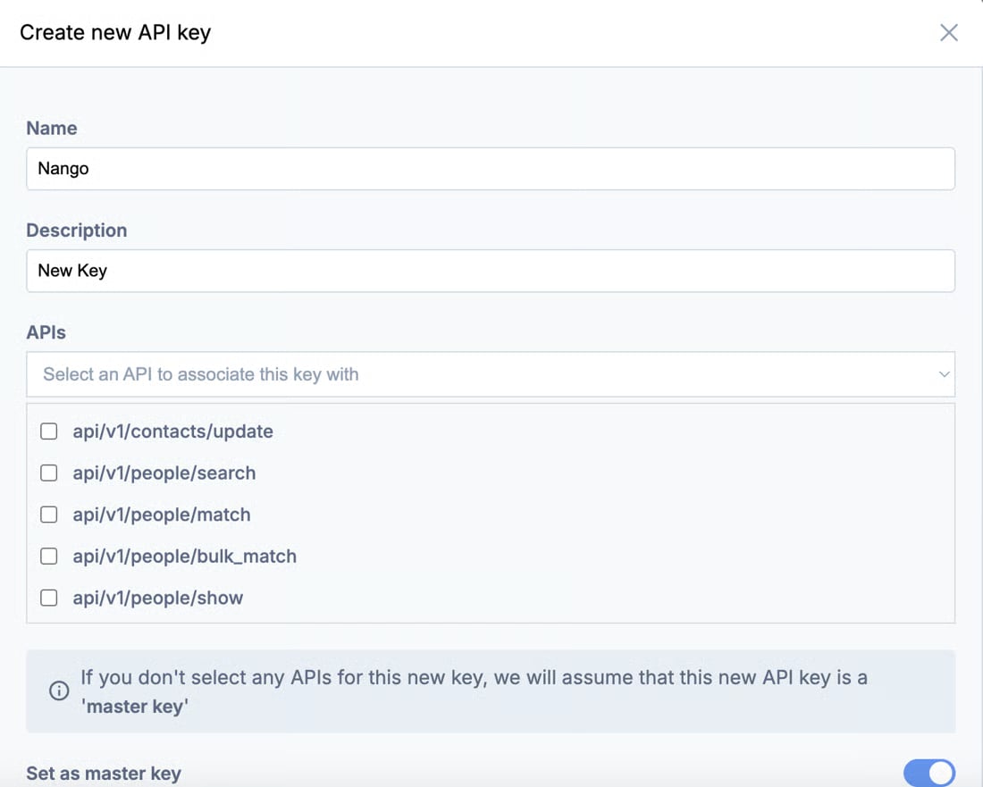 Apollo's Create new API key dialog showing Name, Description, an APIs checkbox list, and the Set as master key toggle switched on