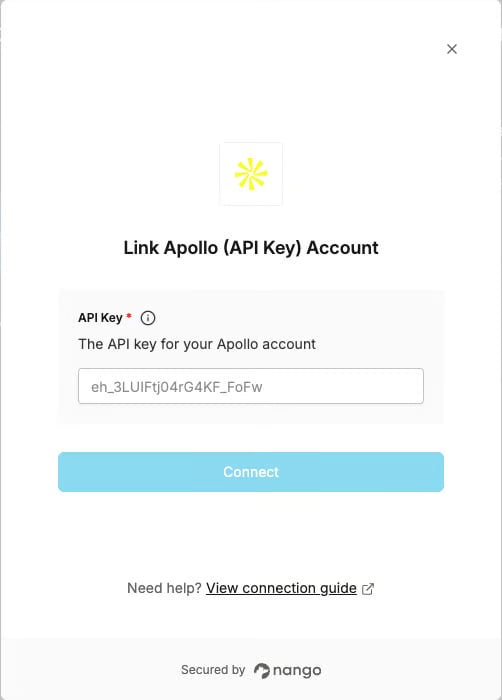 The Link Apollo Account window with its API key field and Connect button