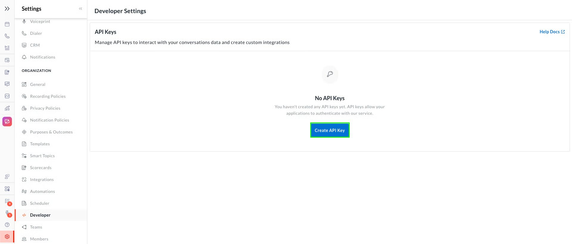 Avoma's Developer Settings page with Developer selected in the Settings sidebar and the Create API Key button