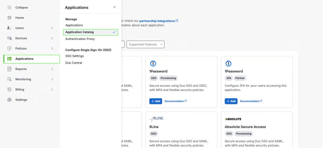 Duo's Admin Panel with Applications open in the sidebar and Application Catalog selected in the Manage list