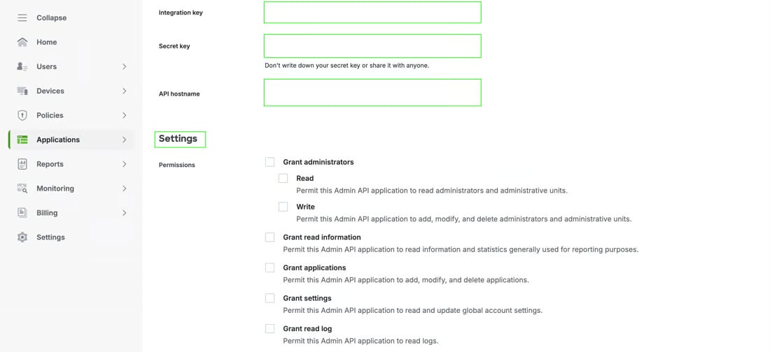 A Duo Admin API application showing the Integration key, Secret key and API hostname fields above the Settings Permissions checkboxes, including Grant administrators with its Read and Write options
