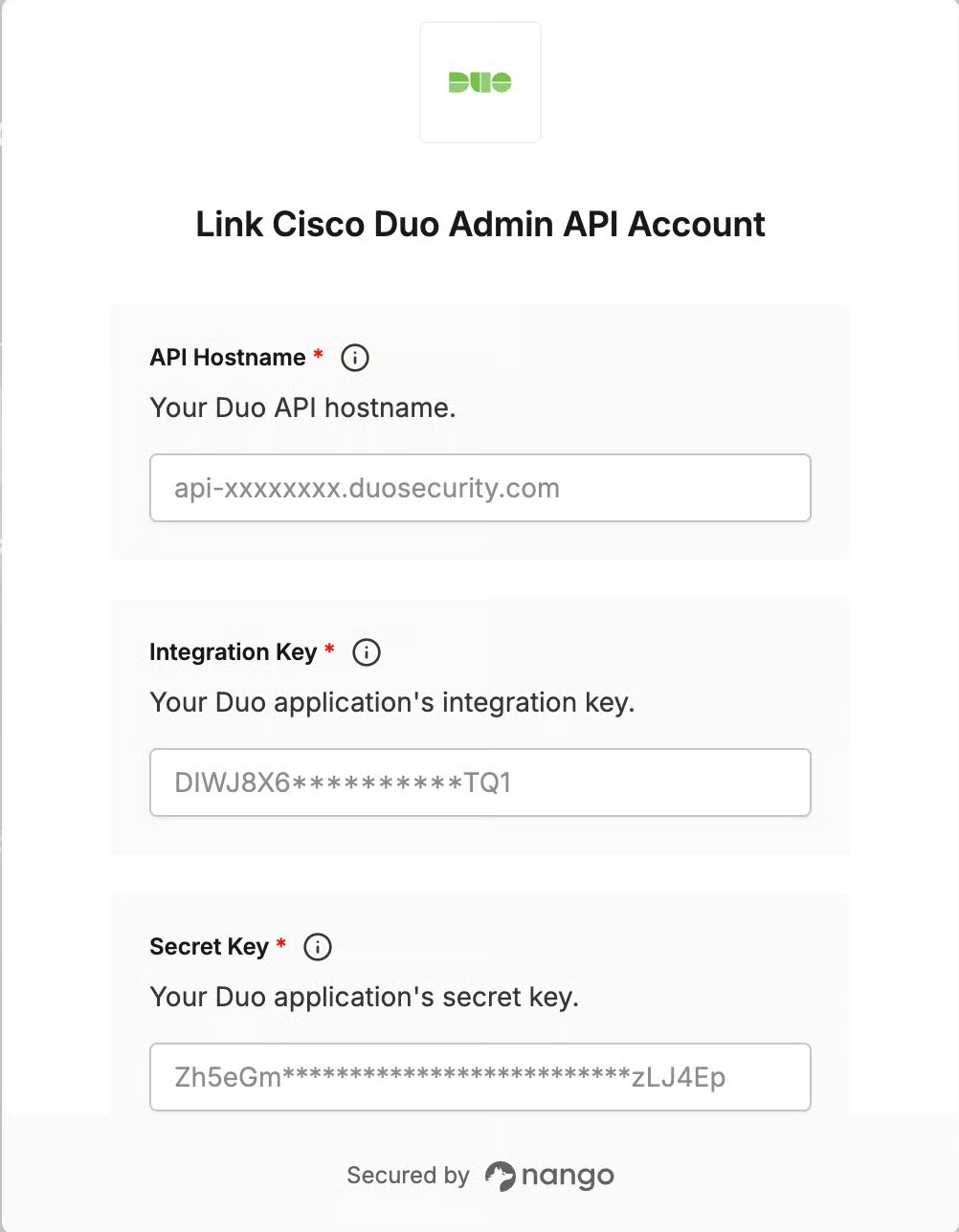 The Link Cisco Duo Admin API Account window with fields for API Hostname, Integration Key and Secret Key