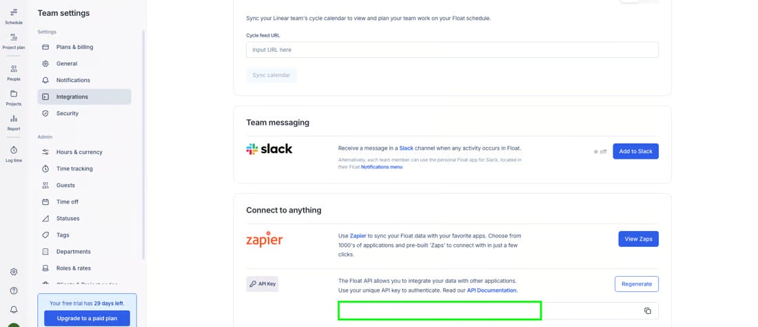 Float's Team settings Integrations page, Connect to anything section, showing the API Key row with its Regenerate button and the key field