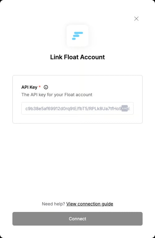The Link Float Account window with its API Key field and Connect button