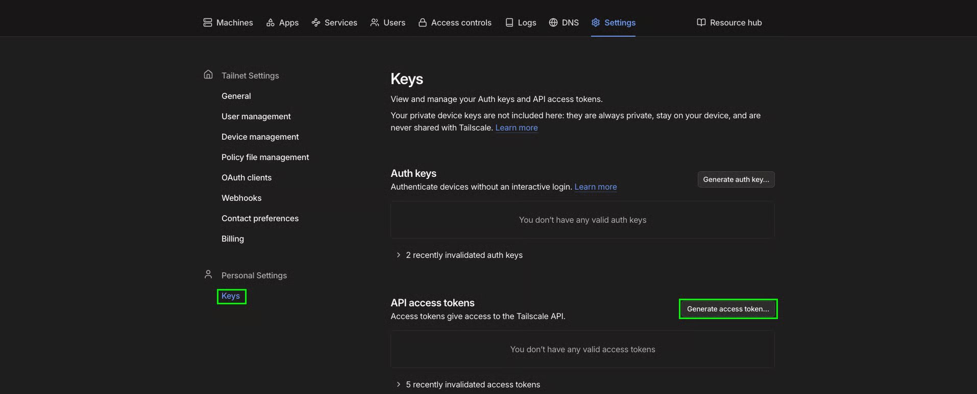 Tailscale's admin console Keys page, reached from Personal Settings rather than Tailnet Settings, showing the API access tokens section and its Generate access token button