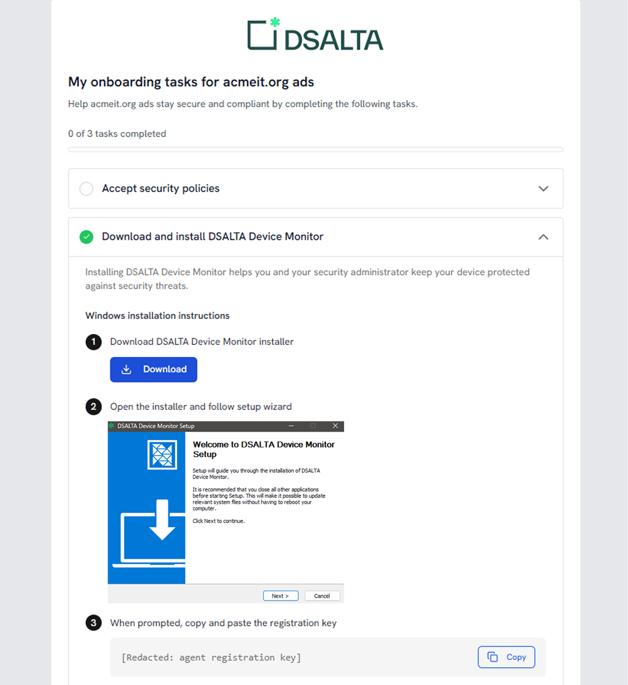 DSALTA employee onboarding tasks page with the Download and install DSALTA Device Monitor task expanded, showing the Windows installation instructions, Download button and registration key