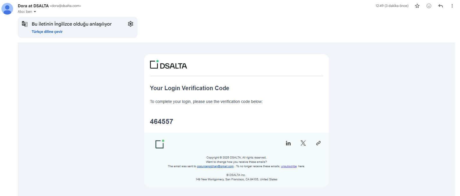 DSALTA login verification email showing a six-digit verification code