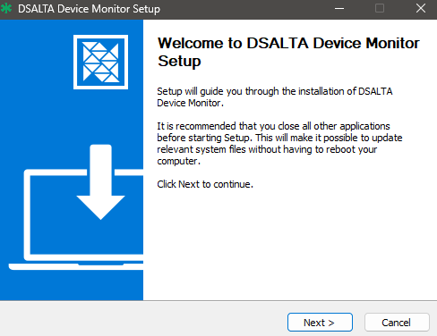 The DSALTA Device Monitor Setup wizard welcome screen on Windows with Next and Cancel buttons