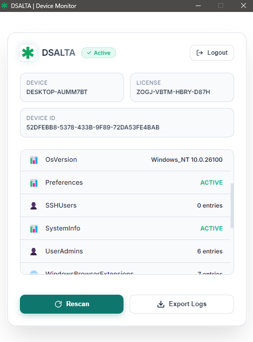 DSALTA Device Monitor showing an Active device with its device name, license, device ID and collected signals, plus Rescan and Export Logs buttons