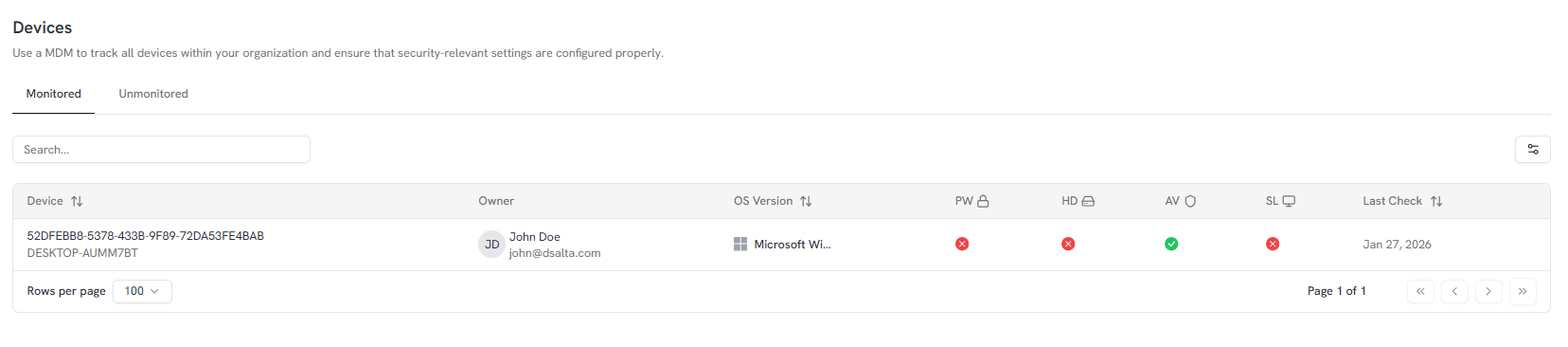DSALTA Devices page on the Monitored tab, listing a device with its owner, OS version, the PW, HD, AV and SL check columns and the Last Check date