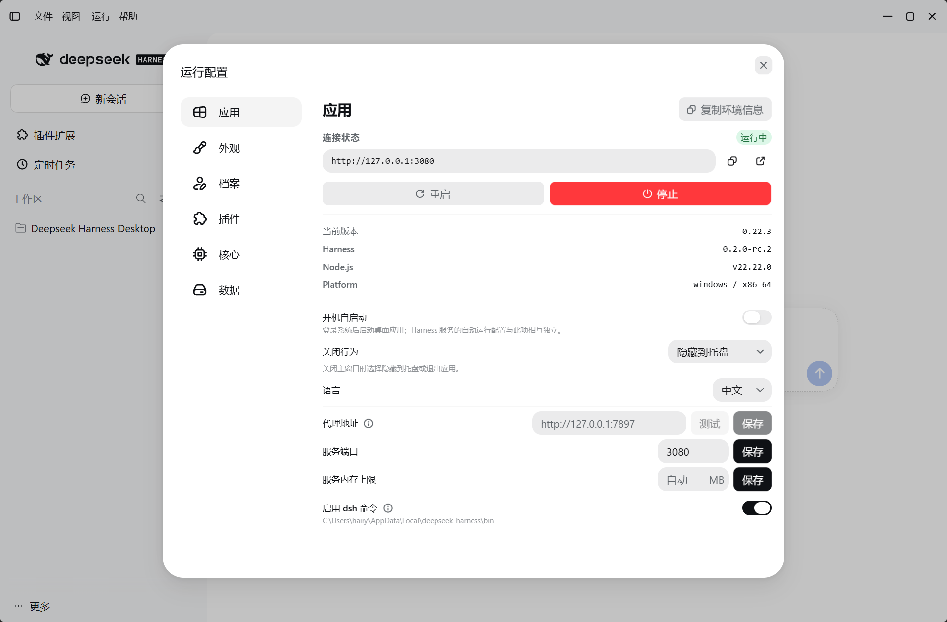 包含调试、档案、插件与核心入口的桌面配置对话框