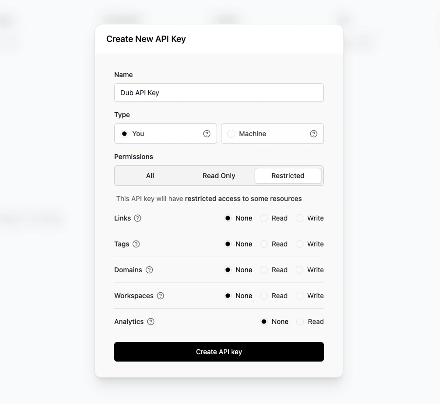 Add new API key on Dub