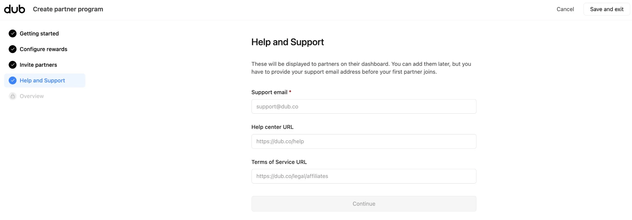Help and Support step in Create partner program
