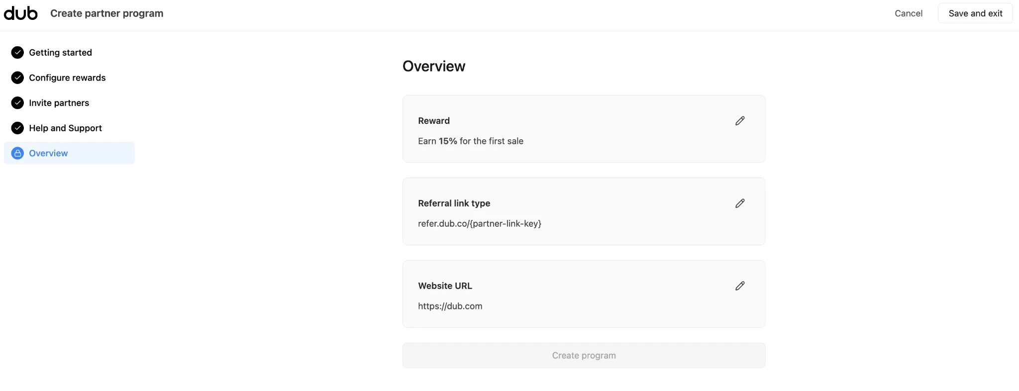 Overview step in Create partner program