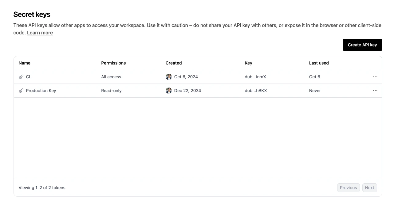 Workspace API keys on Dub