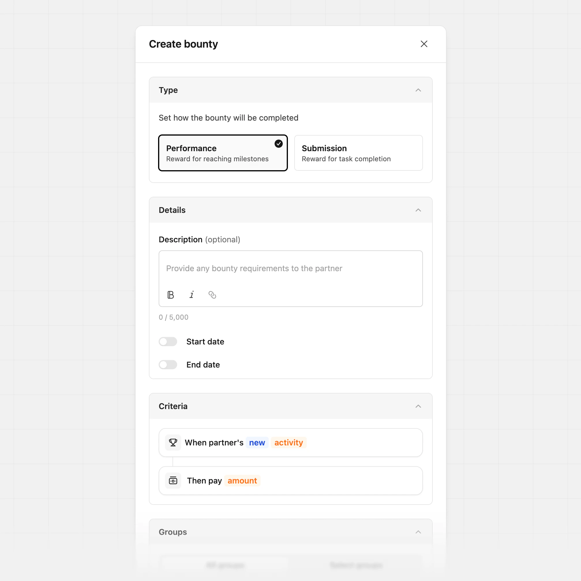 Create performance bounty