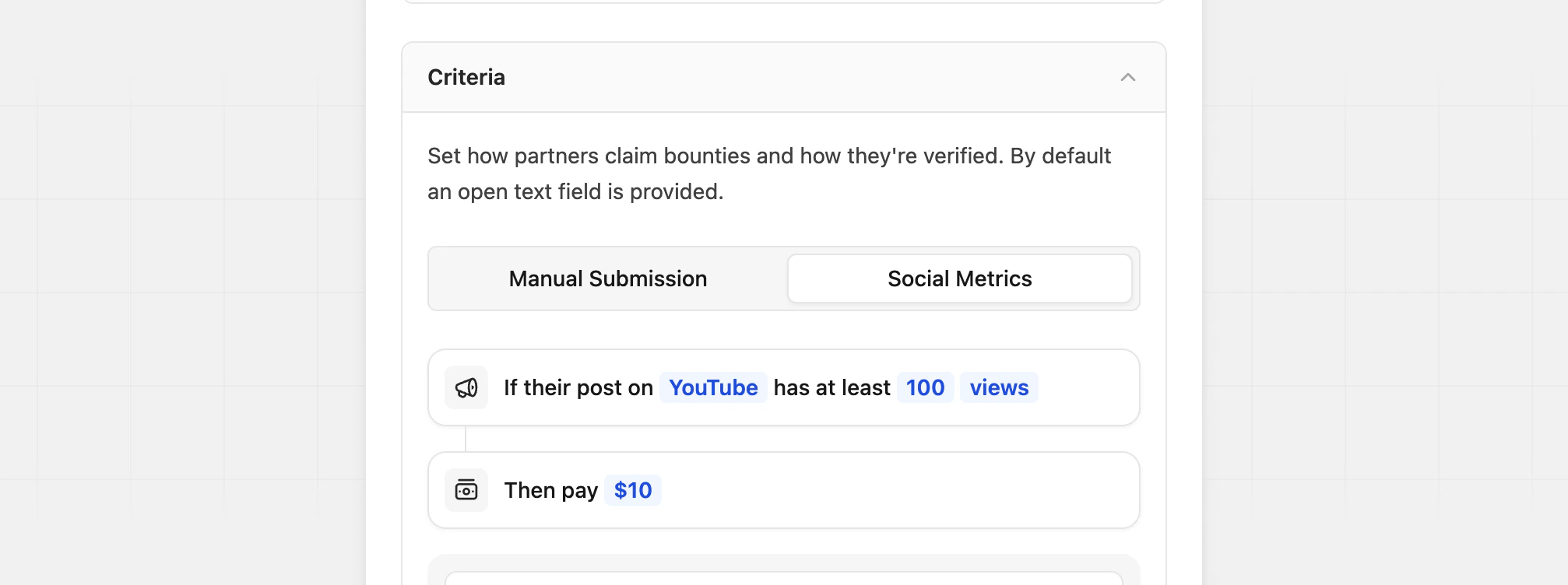 Social metric — populated state with platform and target metric selected