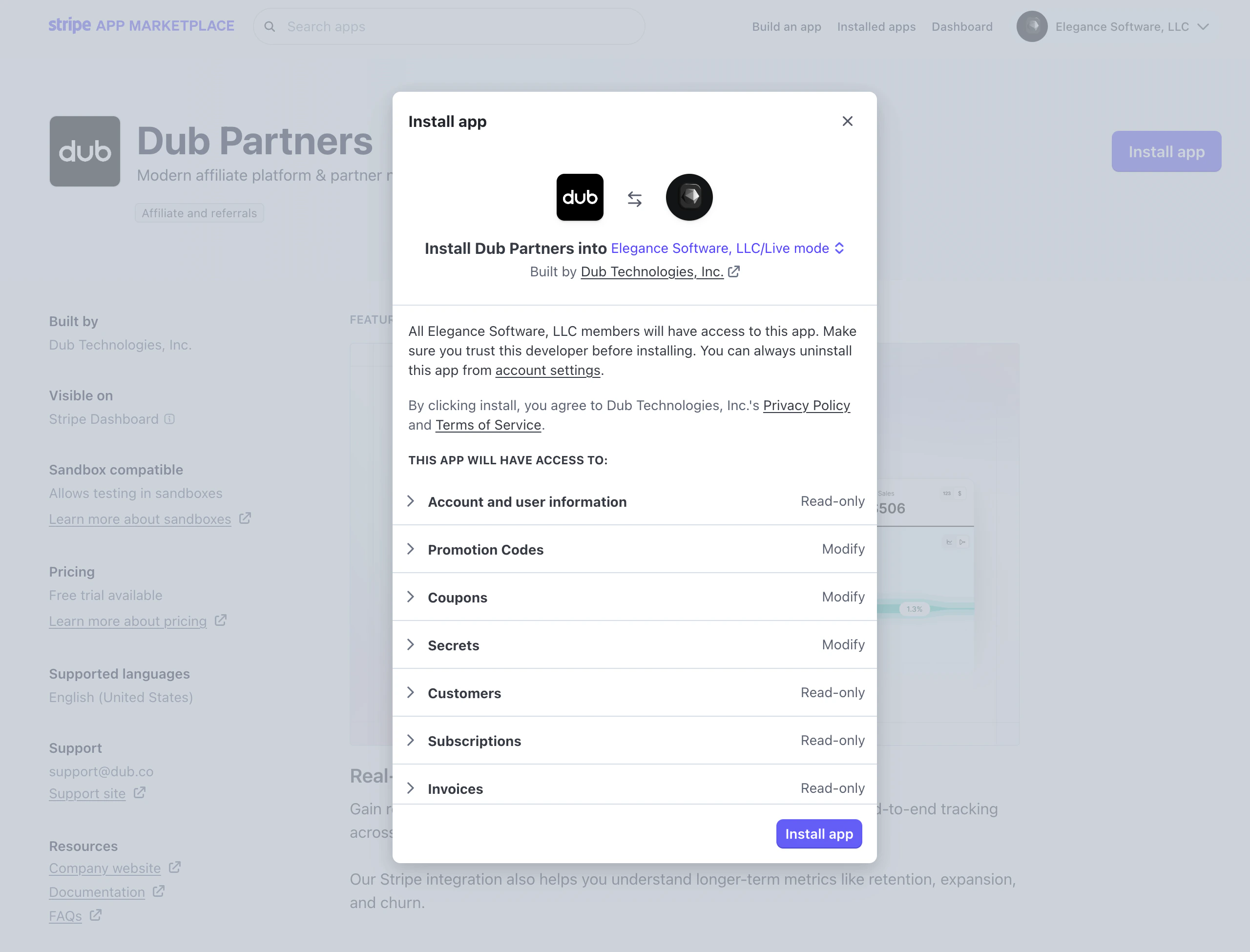 The Stripe integration installation flow