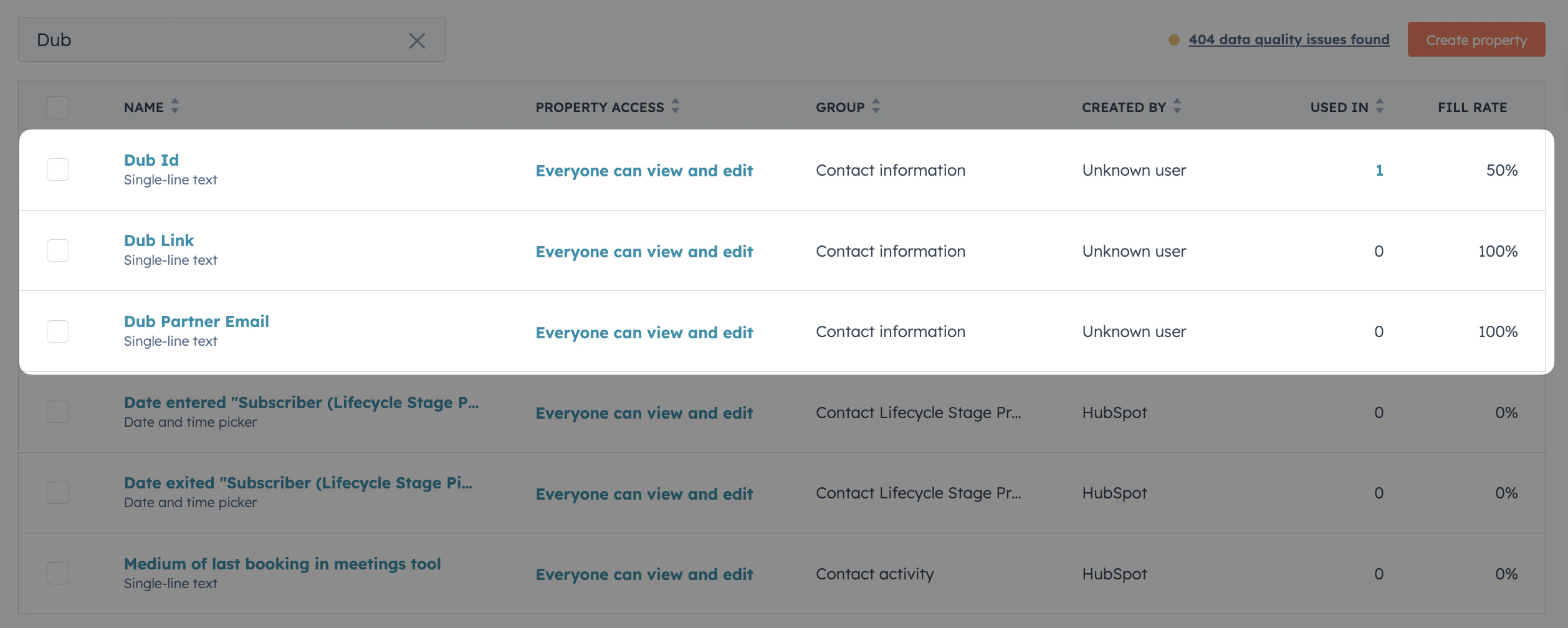 HubSpot Contact Properties Created by Dub Integration