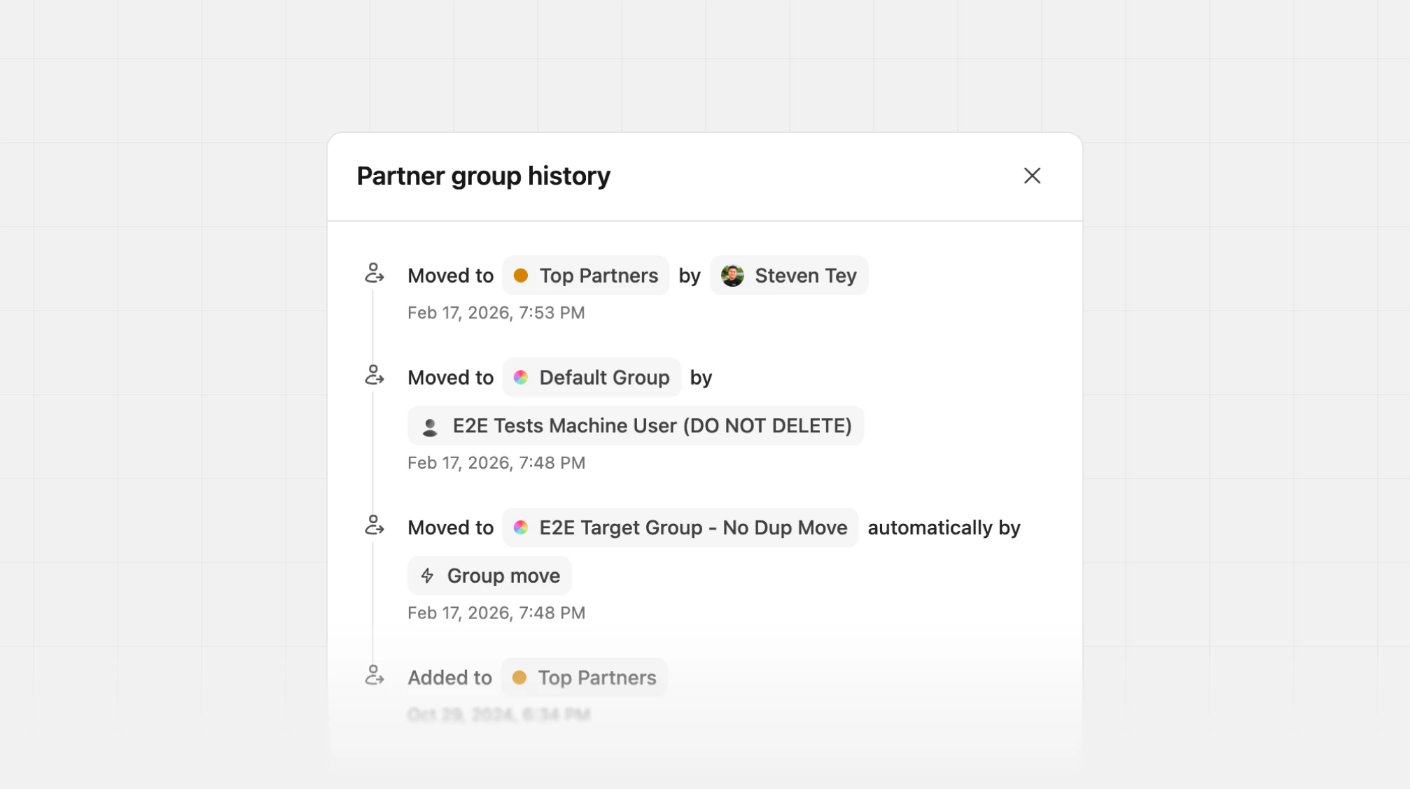 Partner profile page group history