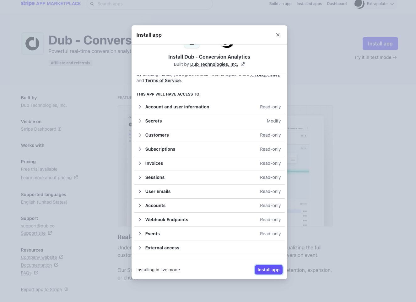 The Stripe integration installation flow