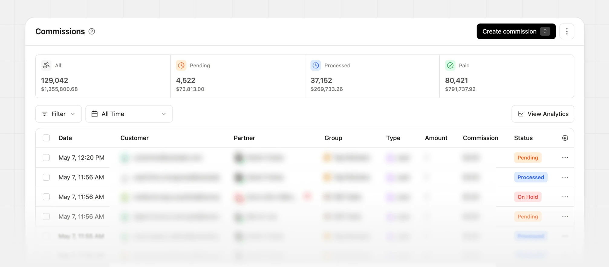 Commissions page within your dashboard