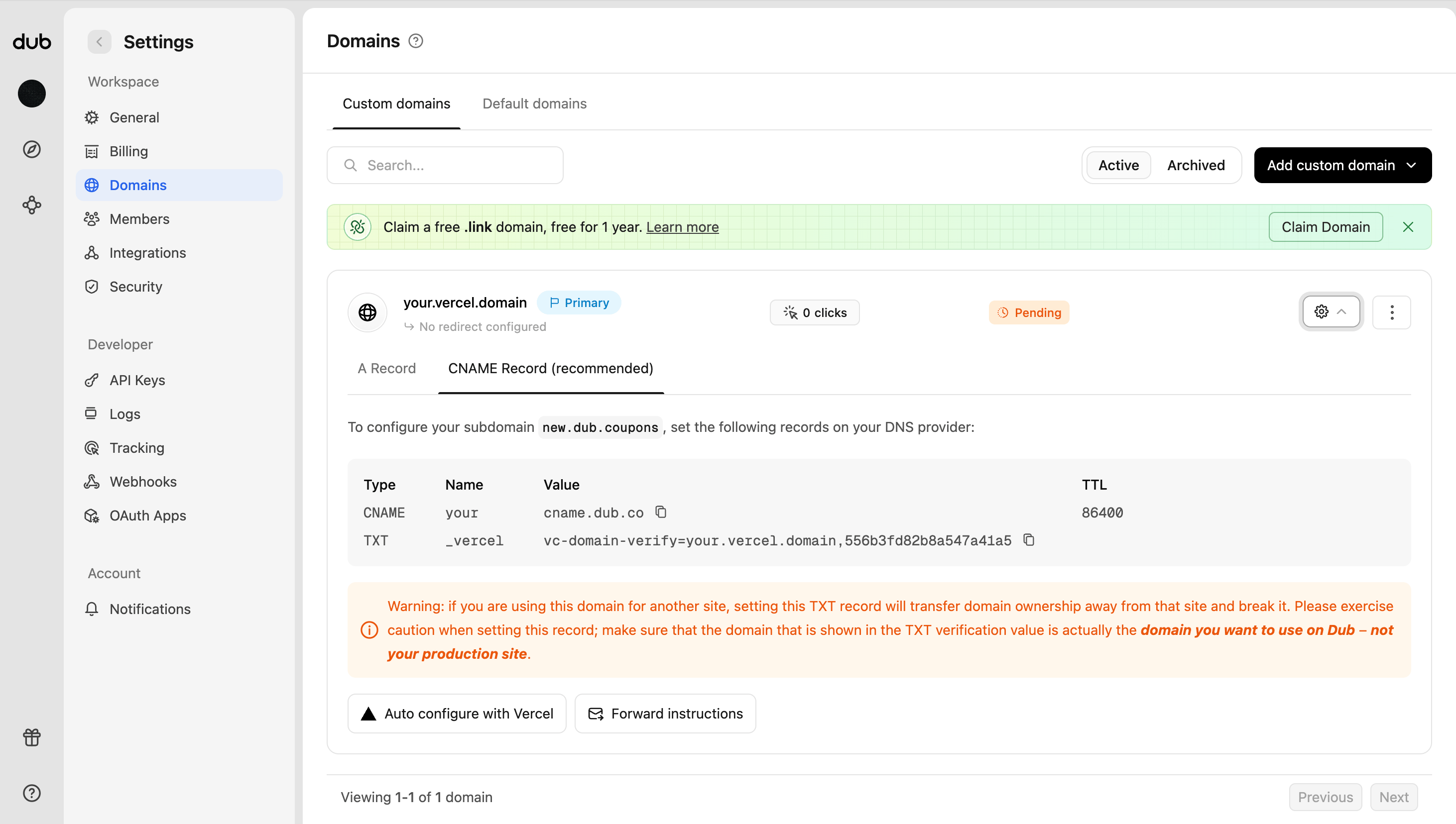 Auto configure and Forward instructions buttons on the domain configuration screen