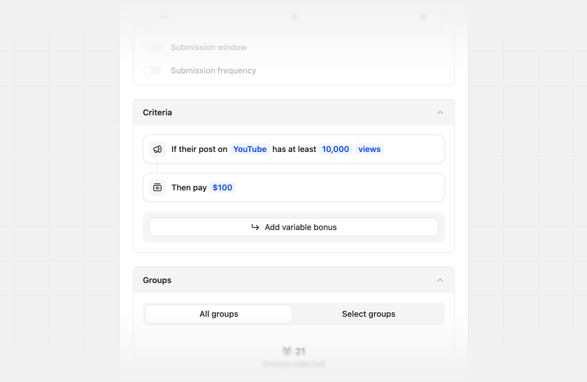 Setting social metric submissions criteria