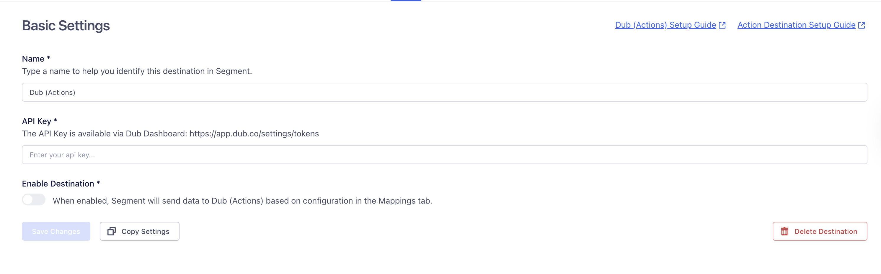 Segment Dub (Actions) Basic Settings