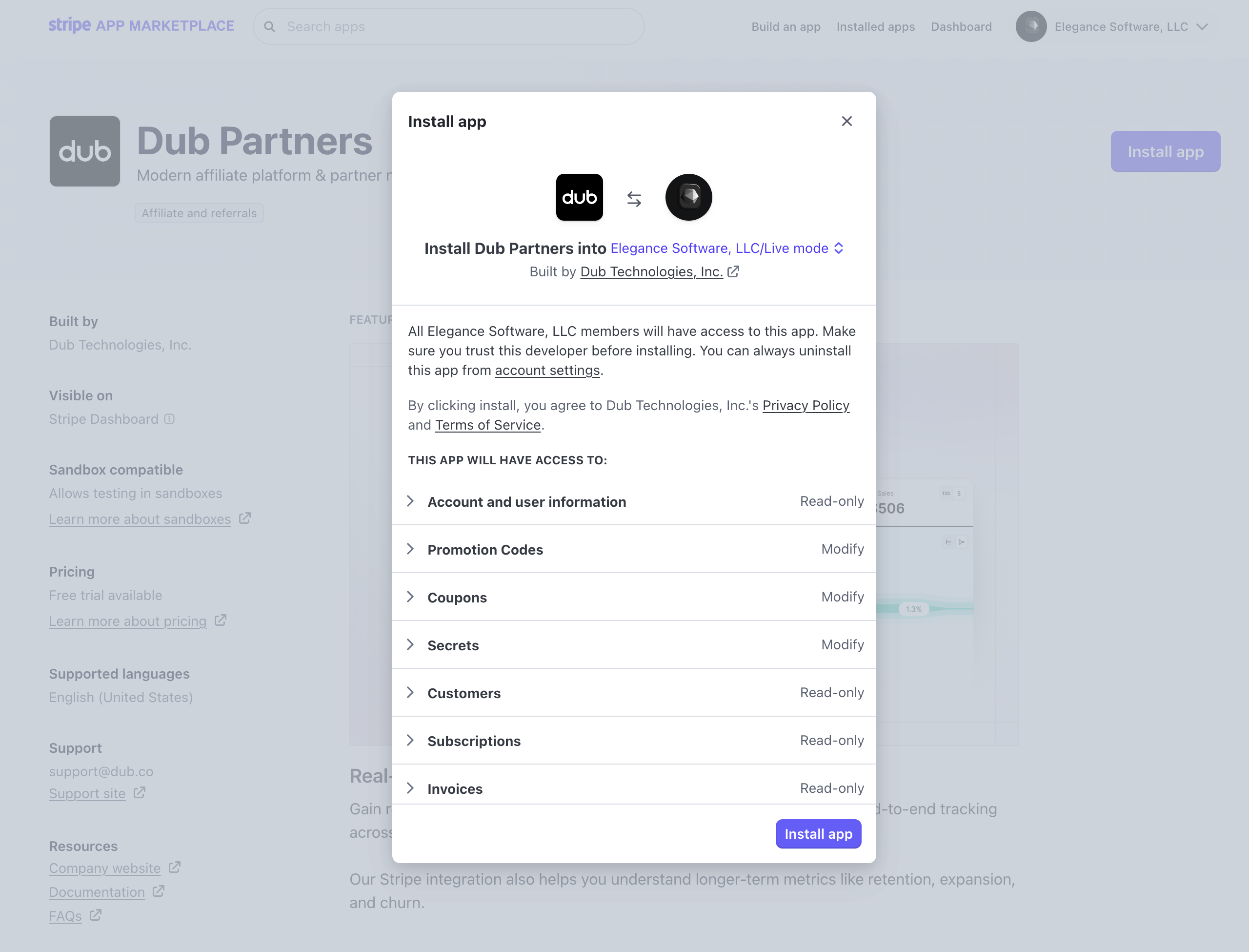 The Stripe integration installation flow