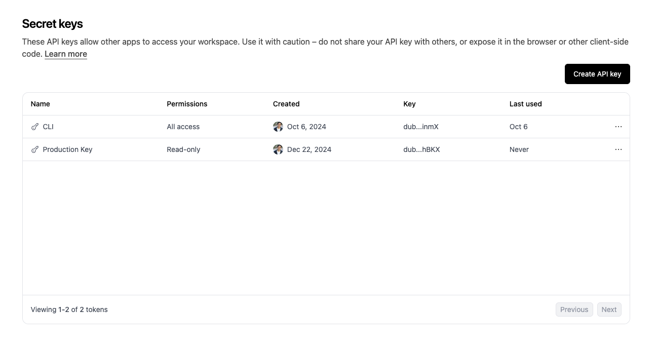Workspace API keys on Dub