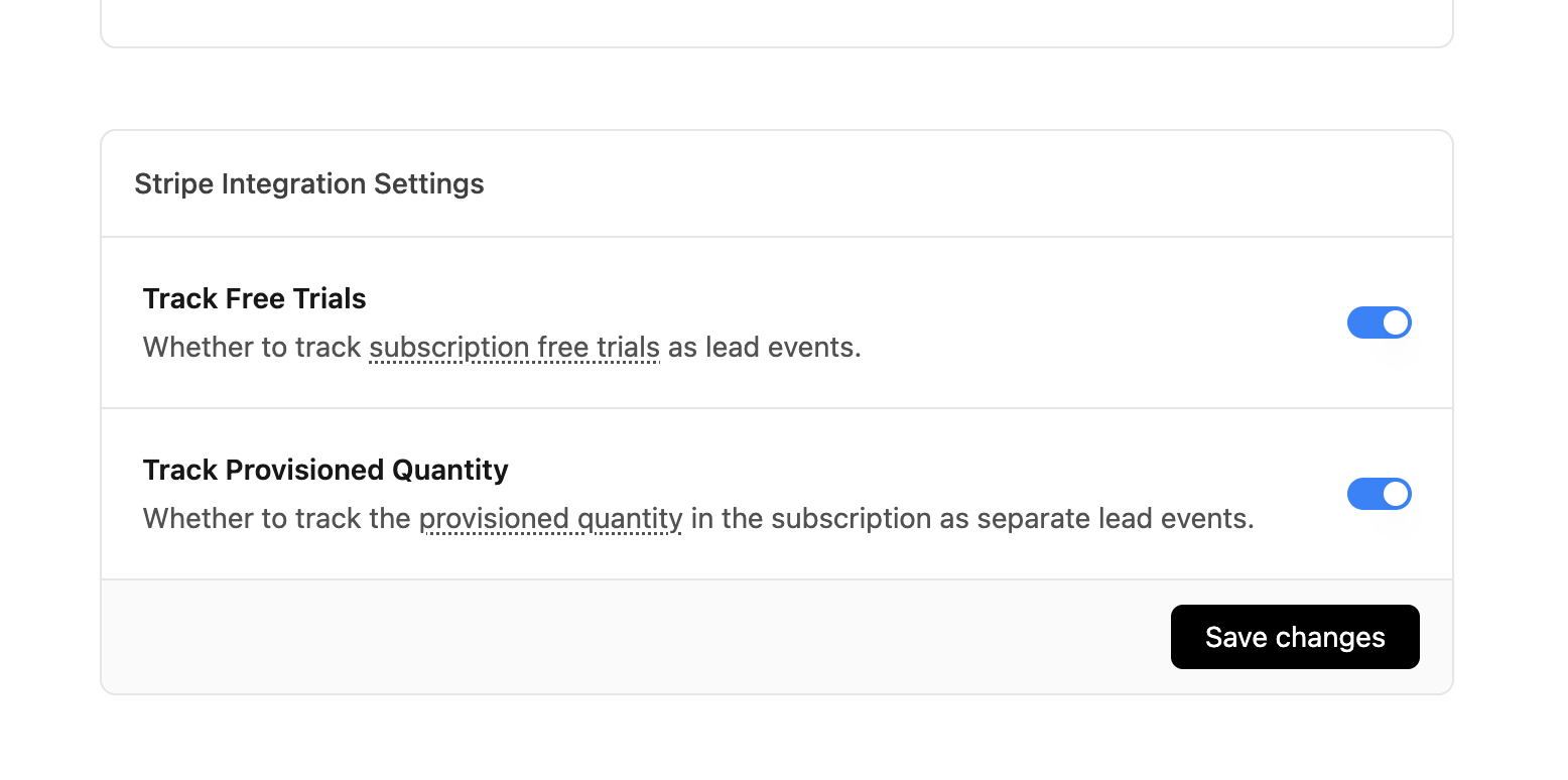 The Stripe integration settings page