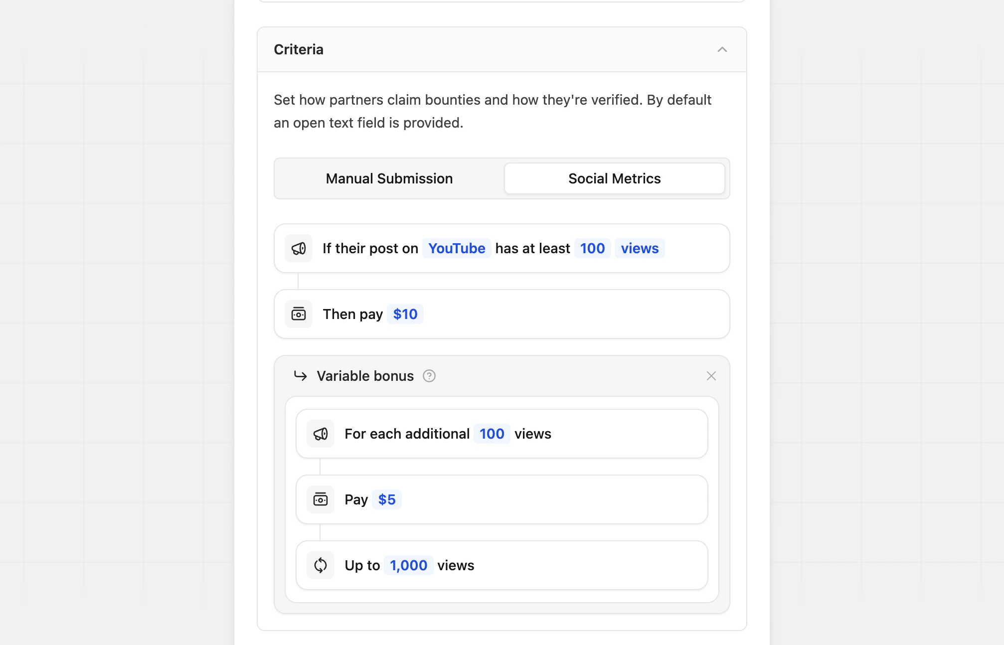 Social metric — variable bonus configuration
