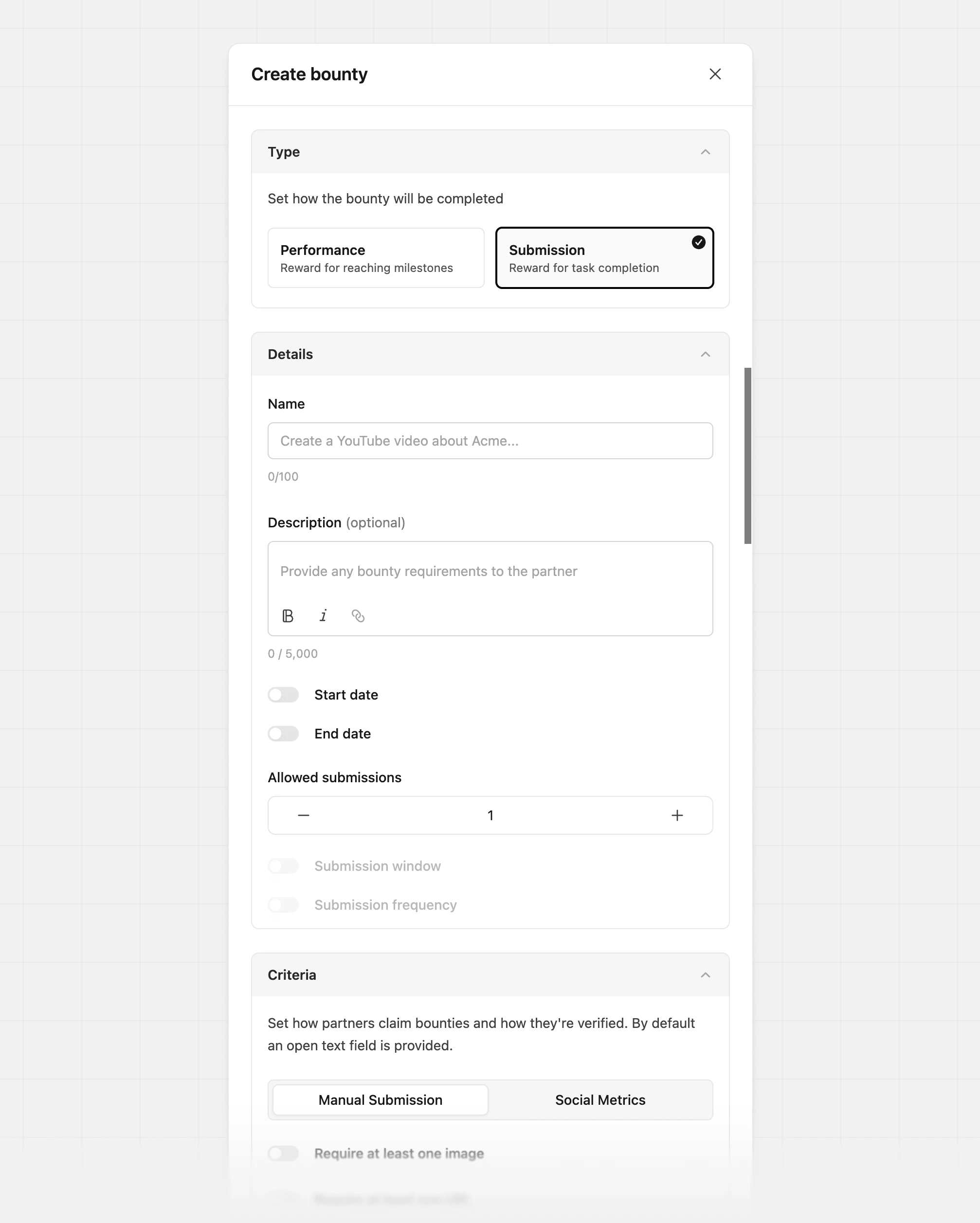 Create submission bounty