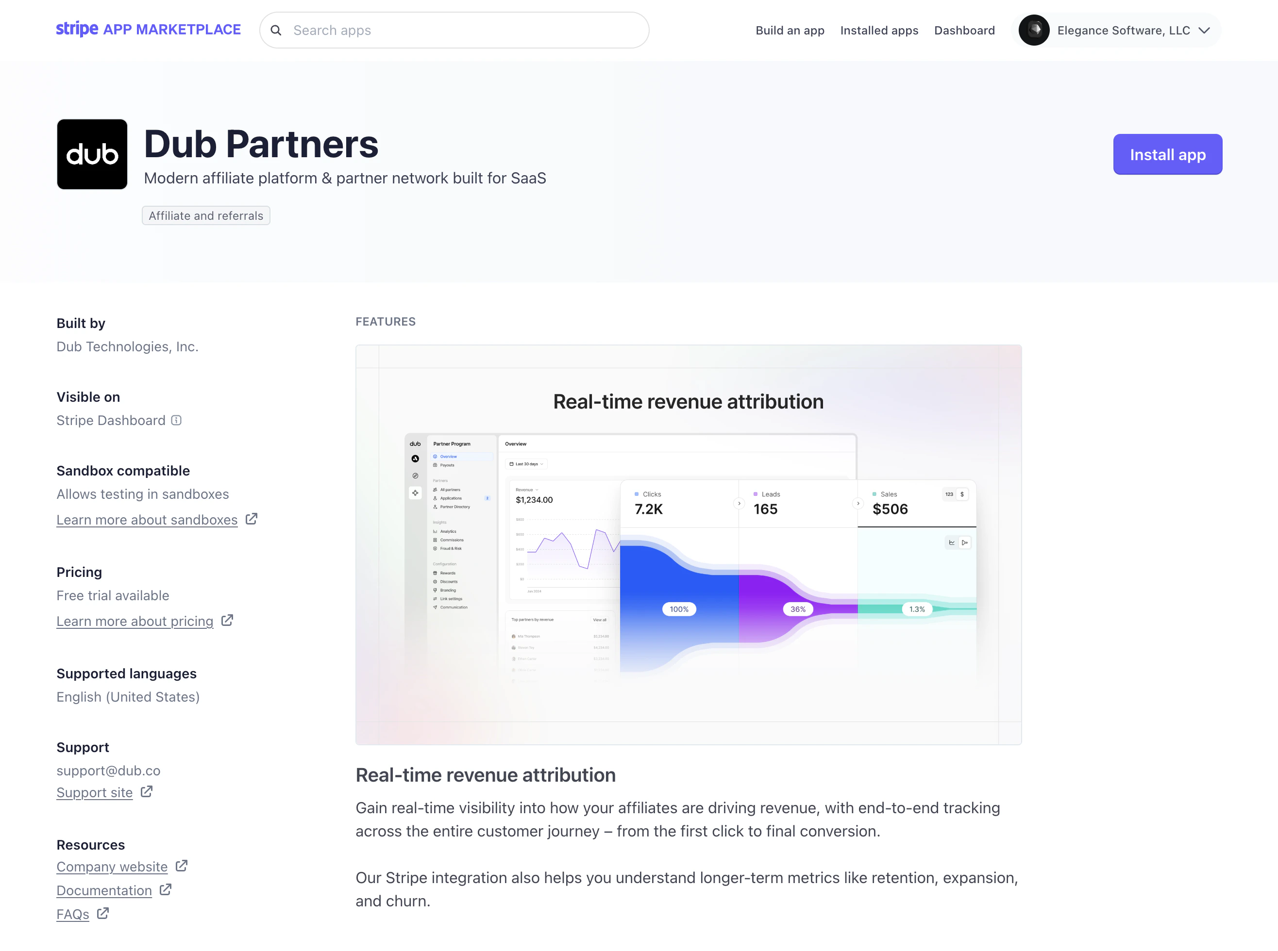 The Dub integration page on the Stripe App Marketplace