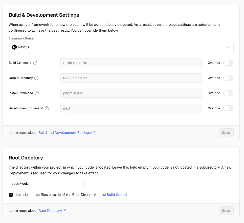 Vercel Deploy settings