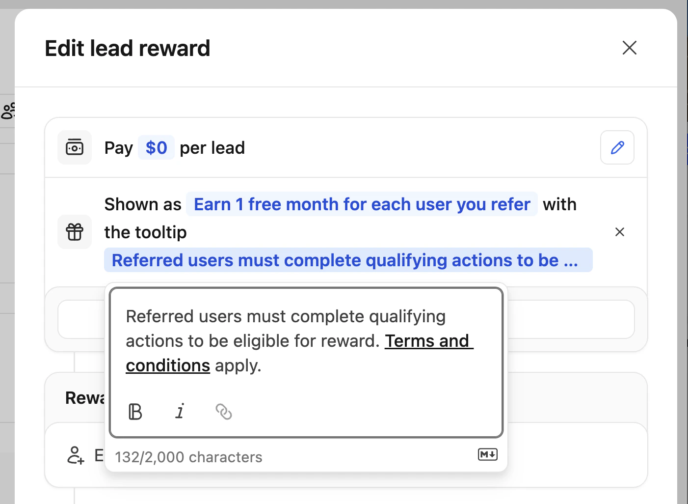 Lead reward description tooltip