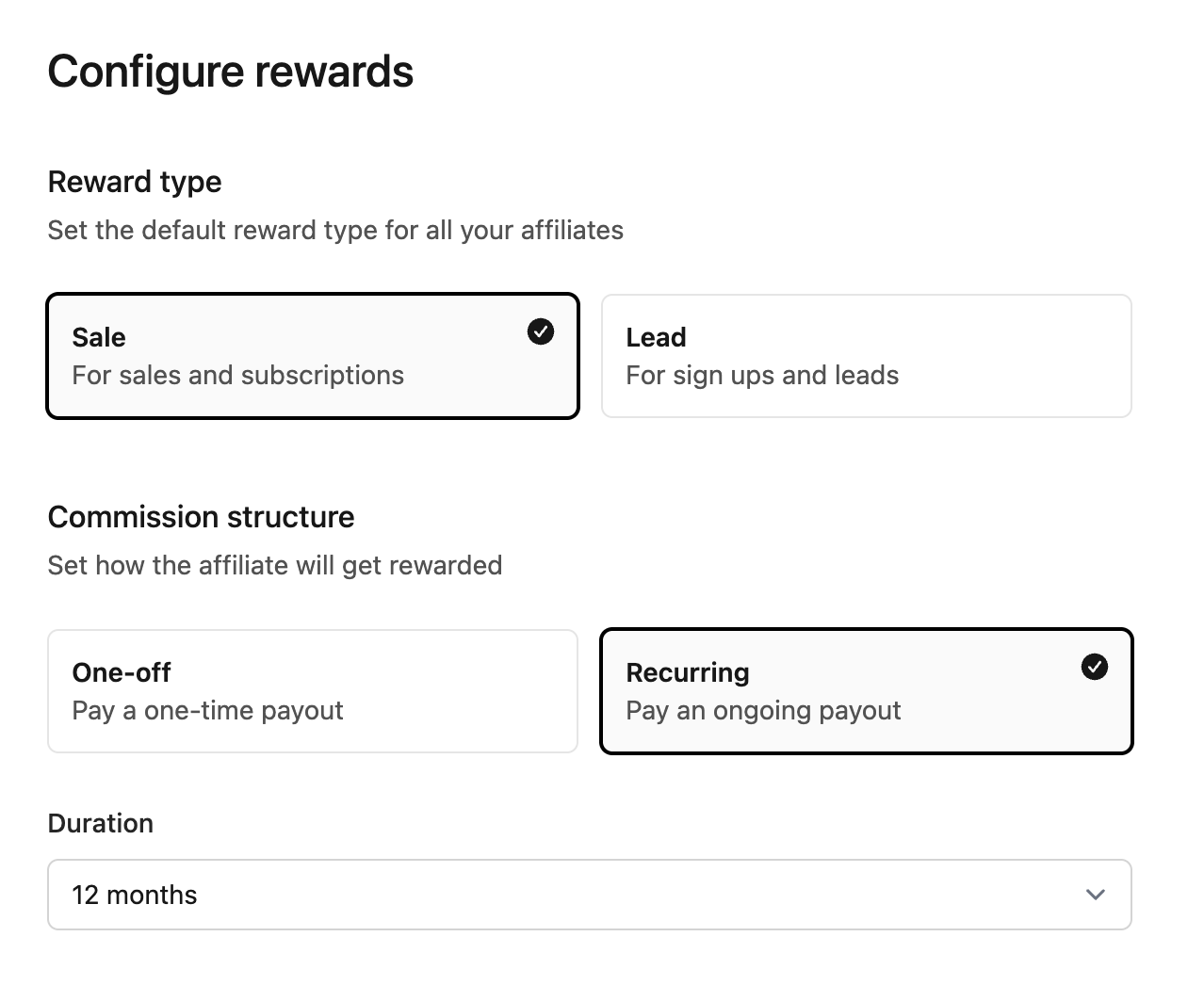 Configure rewards - reward type and commission structure