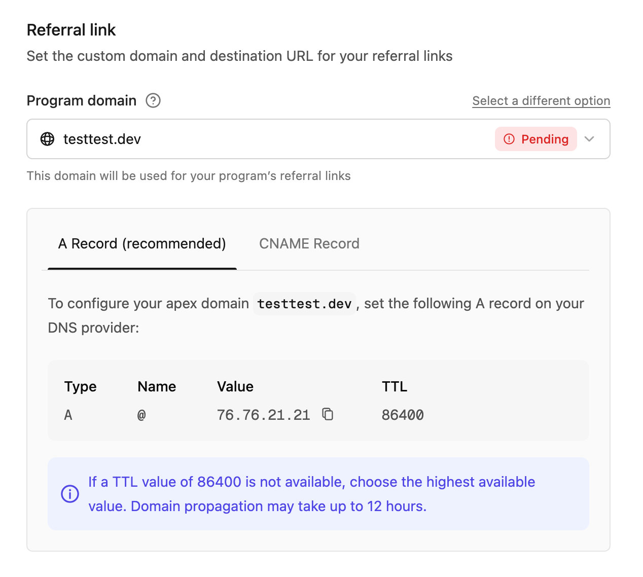Program basics - referral link domain and website URL