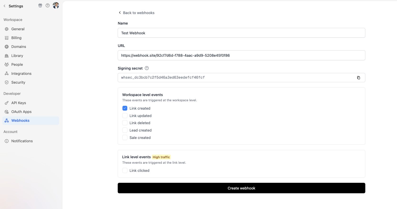 Create Webhook Form