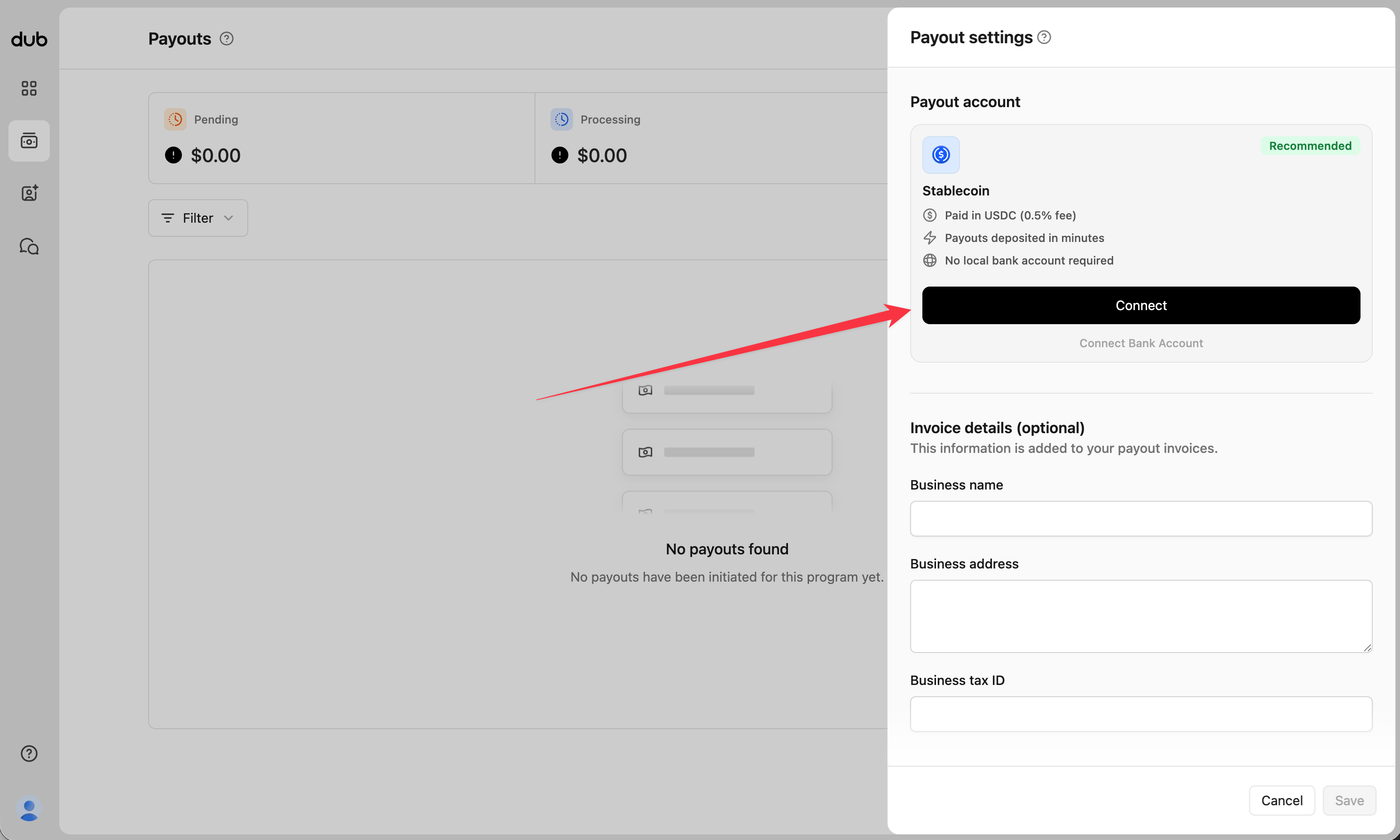 Payout settings stablecoin
