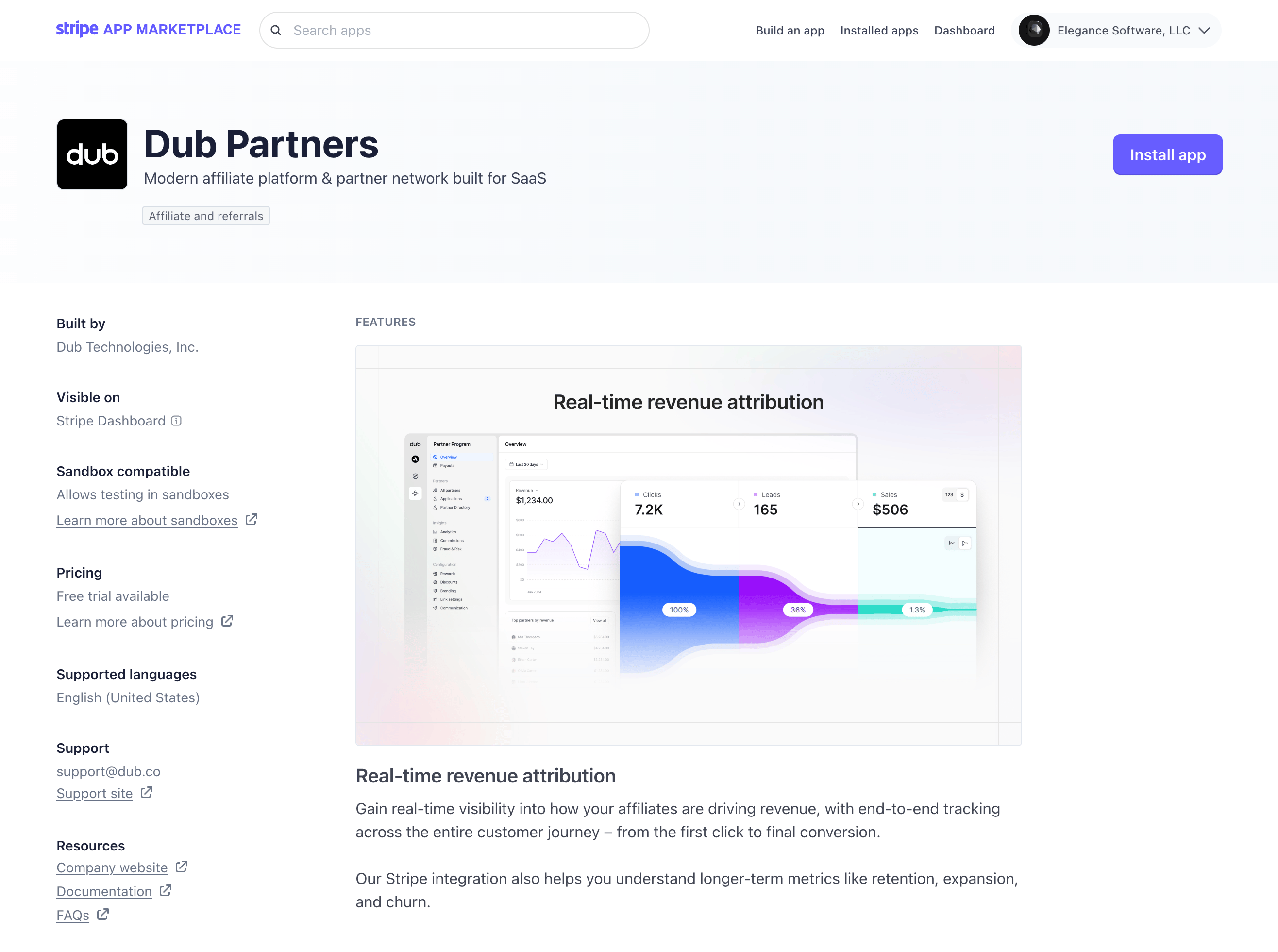 The Dub integration page on the Stripe App Marketplace