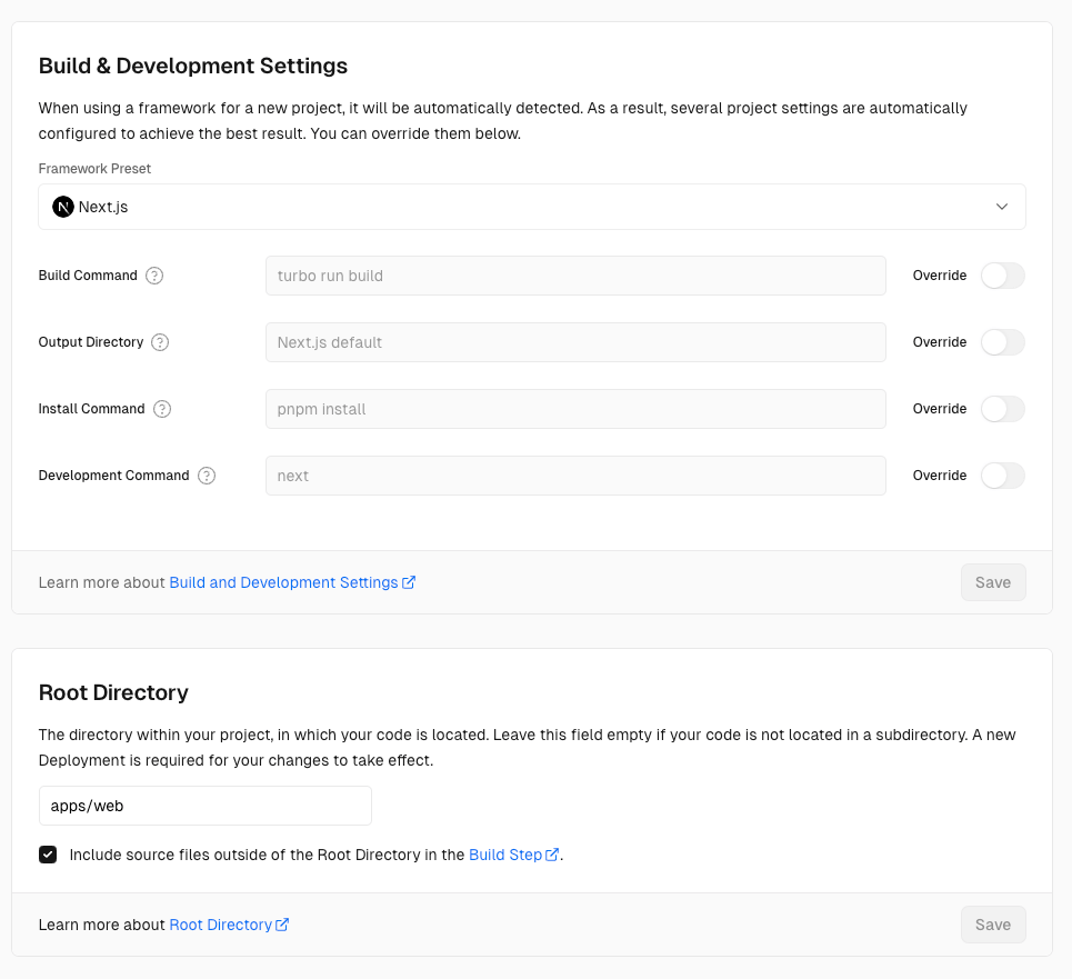Vercel Deploy settings