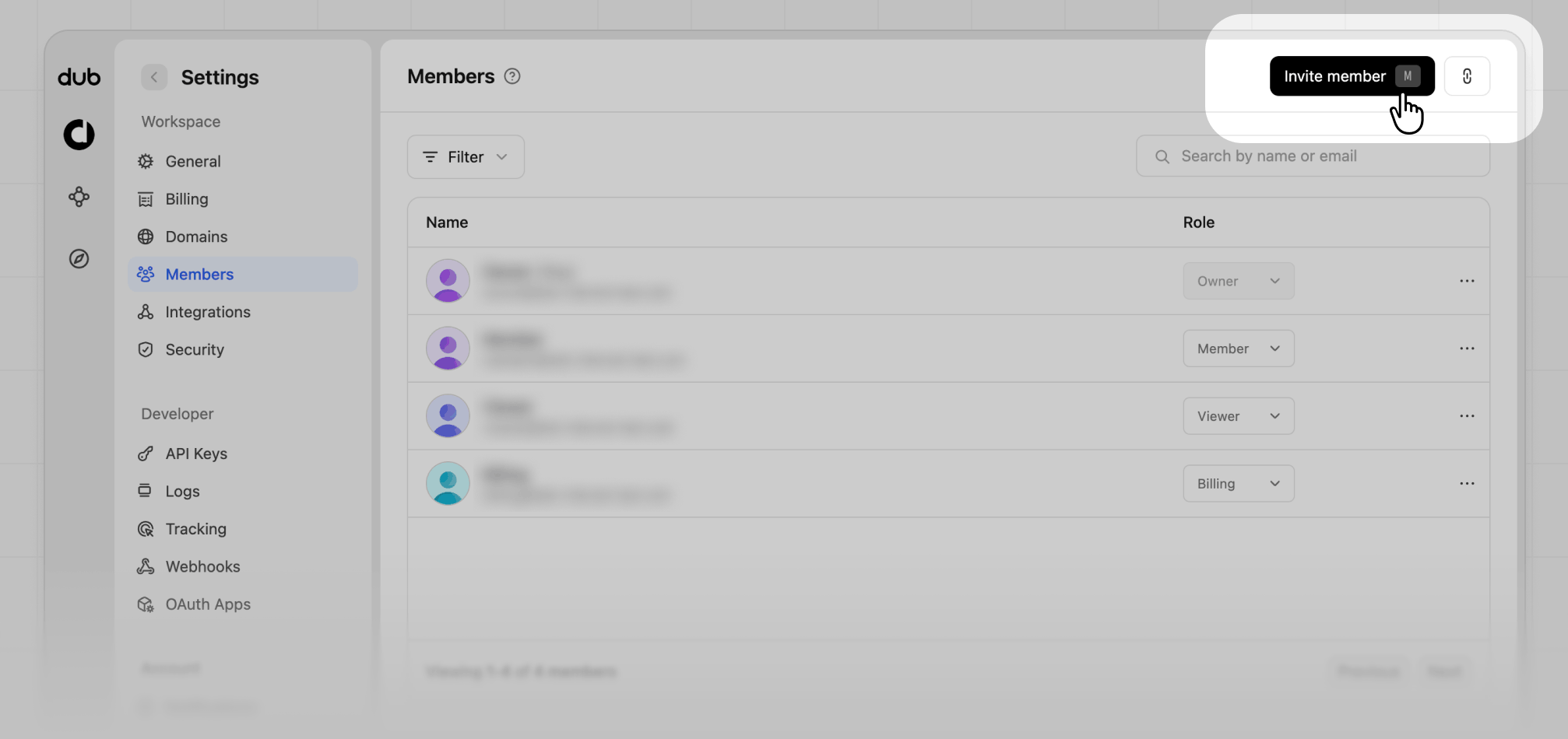 Invite member button in workspace members settings
