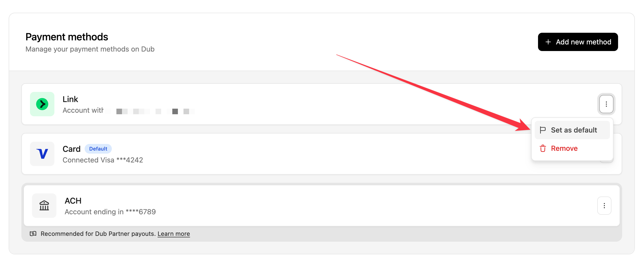 Set default payment method