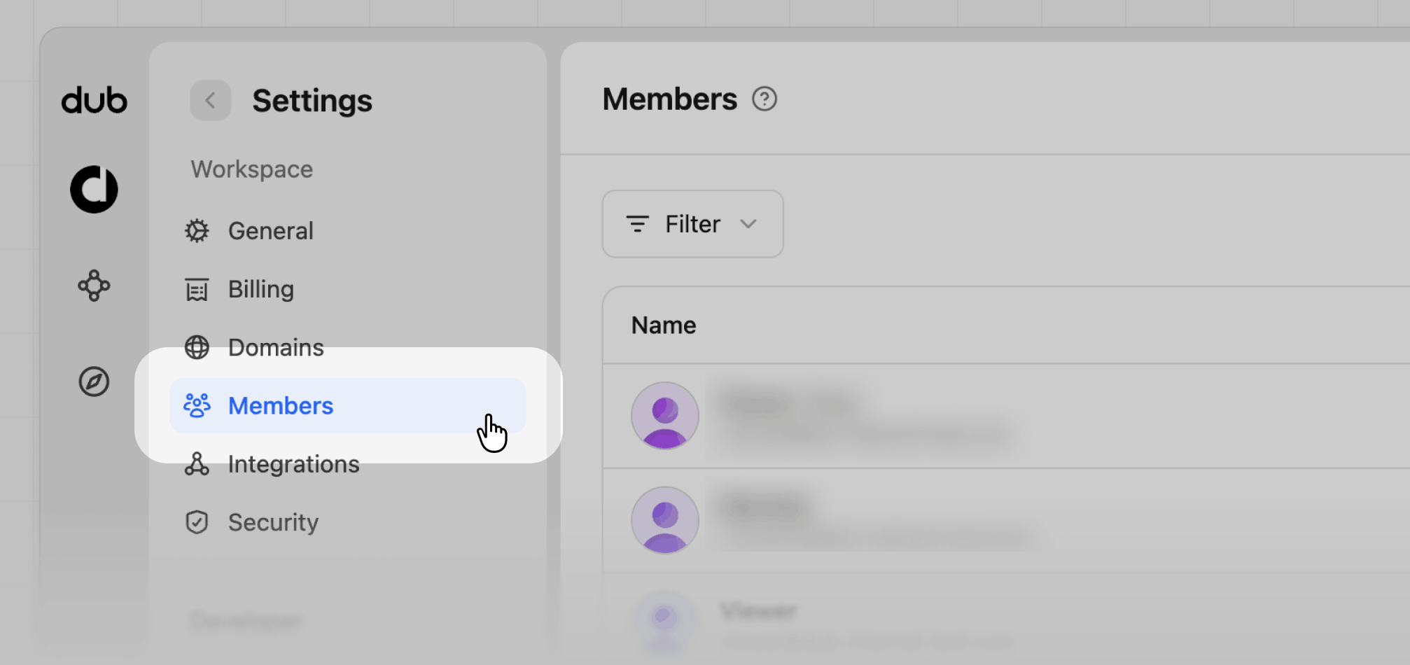 Workspace settings navigation