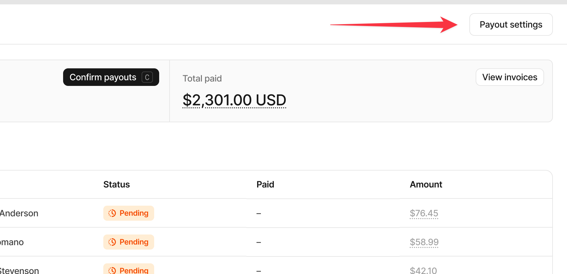 Payout settings button